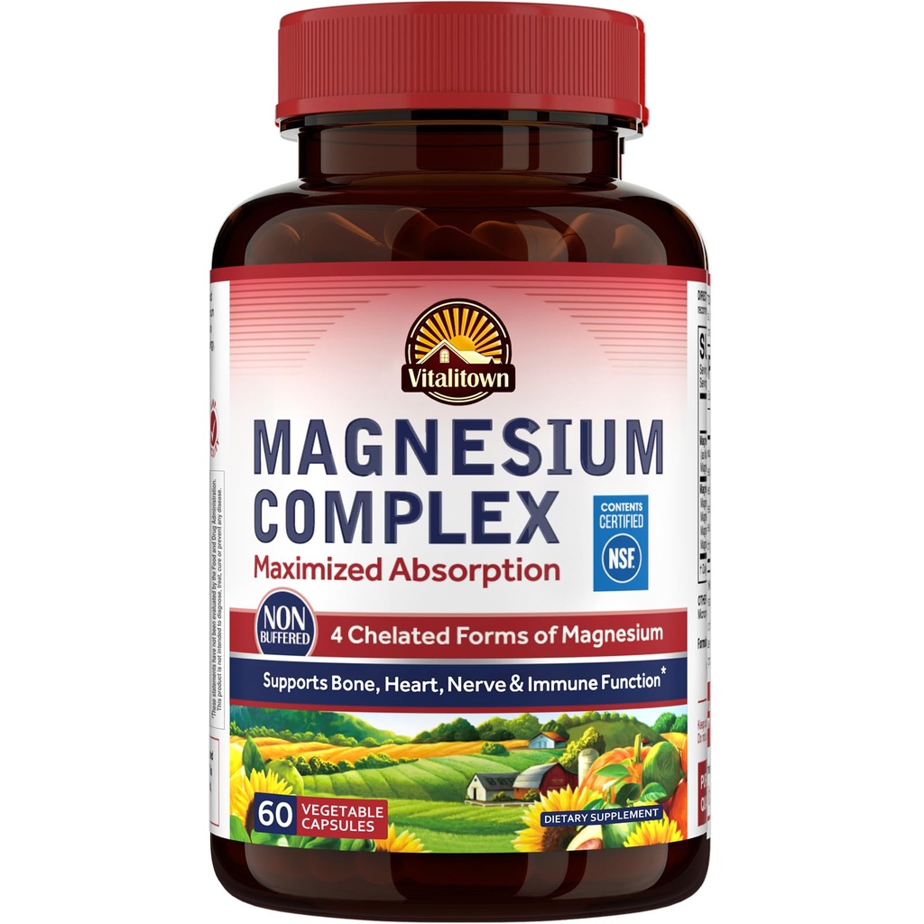 Vitalitown Magnesium Complex Supplement 500mg - Μεγιστοποιημένη Απορρόφηση NSF Πιστοποιημένο Χηλικό Μαγνήσιο Γλυκινικό, Κακό, Ταυρικό & Κιτρικό - Vegan Non-GMO για τον ύπνο, ενέργεια & καρδιά 60 Caps