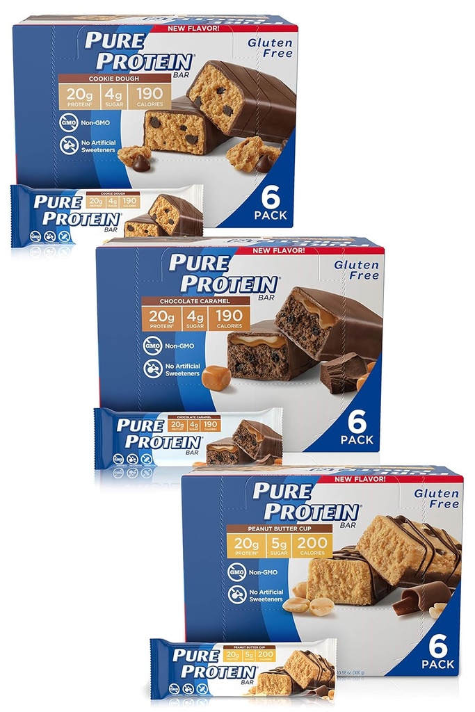 Pure Protein Bars, High Protein, Nutritious Snacks to Support Energy, Low Sugar, Gluten Free, Guilt Free Variety Pack (Cookie Dough/Choc Caramel/Peanut Butter Cup), 1,76 oz, Pack of 18