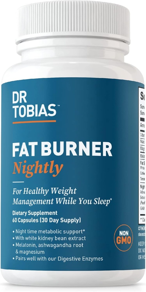 Dr. Tobias Fat Burner Nightly, Night Time Μεταβολική υποστήριξη με το εκχύλισμα λευκού νεφρικού φασολιού, Ashwagandha Root, Green Coffee Bean Extract & Melatonin, Non-GMO, 60 κάψουλες (30 ημέρες προσφοράς)