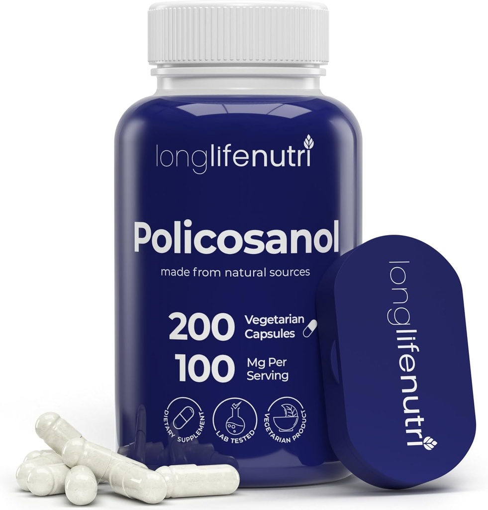 LongLifeNutri Policosanol 100mg - 200 κάψουλες χορτοφάγων, φυσικό συμπλήρωμα ζαχαροκάλαμου για ισορροπημένη χοληστερόλη, 3-μηνιαία προμήθεια, μη GMO, εργαστήριο δοκιμαστεί, Made in USA