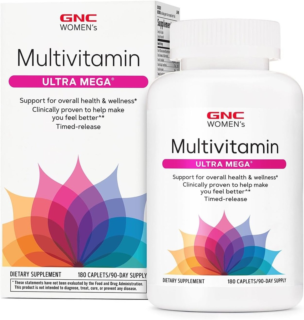 GNC Πολυβιταμίνη Ultra Mega γυναικών, ημερήσιο συμπλήρωμα βιταμίνης, υποστηρίζει το ανοσοποιητικό, τον εγκέφαλο, τα μαλλιά, το δέρμα και τα νύχια, 180 Caplets
