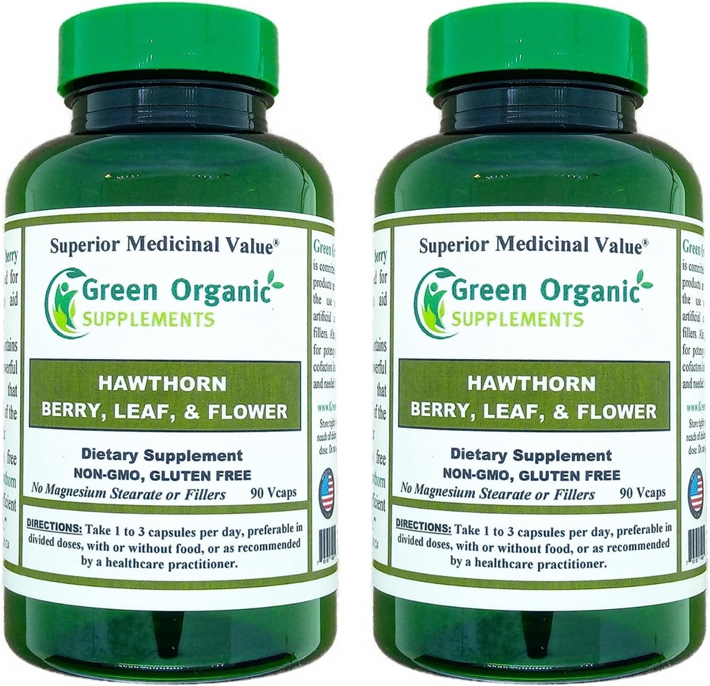 Πράσινα Βιολογικά Συμπληρώματα κάψουλες καρπού Hawthorn, Leaf, Flower, Hawthorn Συμπληρώματα Περιέχει 90 Κάψουλες, Φυσικά Βότανα Hawthorn για Καρδιαγγειακή Υγεία & Φυσική Φροντίδα Καρδιάς (πακέτο του 2)