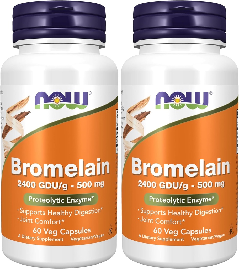 NOW Συμπληρώματα, Bromelain (Φυσικό πρωτεολυτικό ένζυμο) 2.400 GDU/g - 500 mg, Φυσικό πρωτεολυτικό ένζυμο *, 60 κάψουλες Veg (πακέτο του 2)