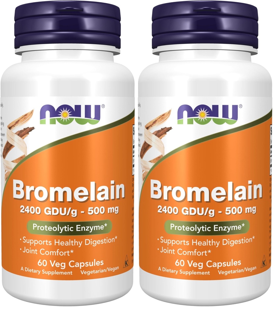 NOW Συμπληρώματα, Bromelain (Φυσικό πρωτεολυτικό ένζυμο) 2.400 GDU/g - 500 mg, Φυσικό πρωτεολυτικό ένζυμο *, 60 κάψουλες Veg (πακέτο του 2)
