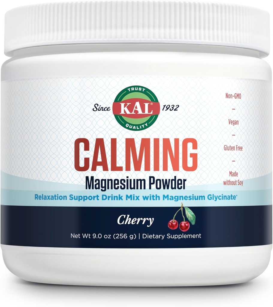 KAL Calming Magnesium Powder - Cherry Flavor Magnesium Supplement - High Absorption, Relaxation Support, No Added Sugar, Vegan, Gluten Free, Made Without Soy - 40 Servings, 9 oz