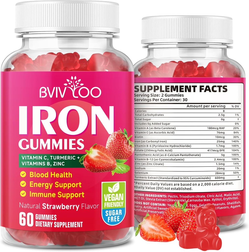 Vegan Iron Gummies for Adults & Kids - με βιταμίνη C, A, B-Complex, Folate, Zinc, και Biotin - για Blood Building & Energy Support, 60 Gummies
