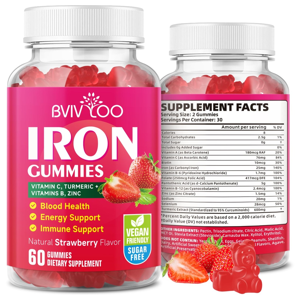 Vegan Iron Gummies for Adults & Kids - με βιταμίνη C, A, B-Complex, Folate, Zinc, και Biotin - για Blood Building & Energy Support, 60 Gummies