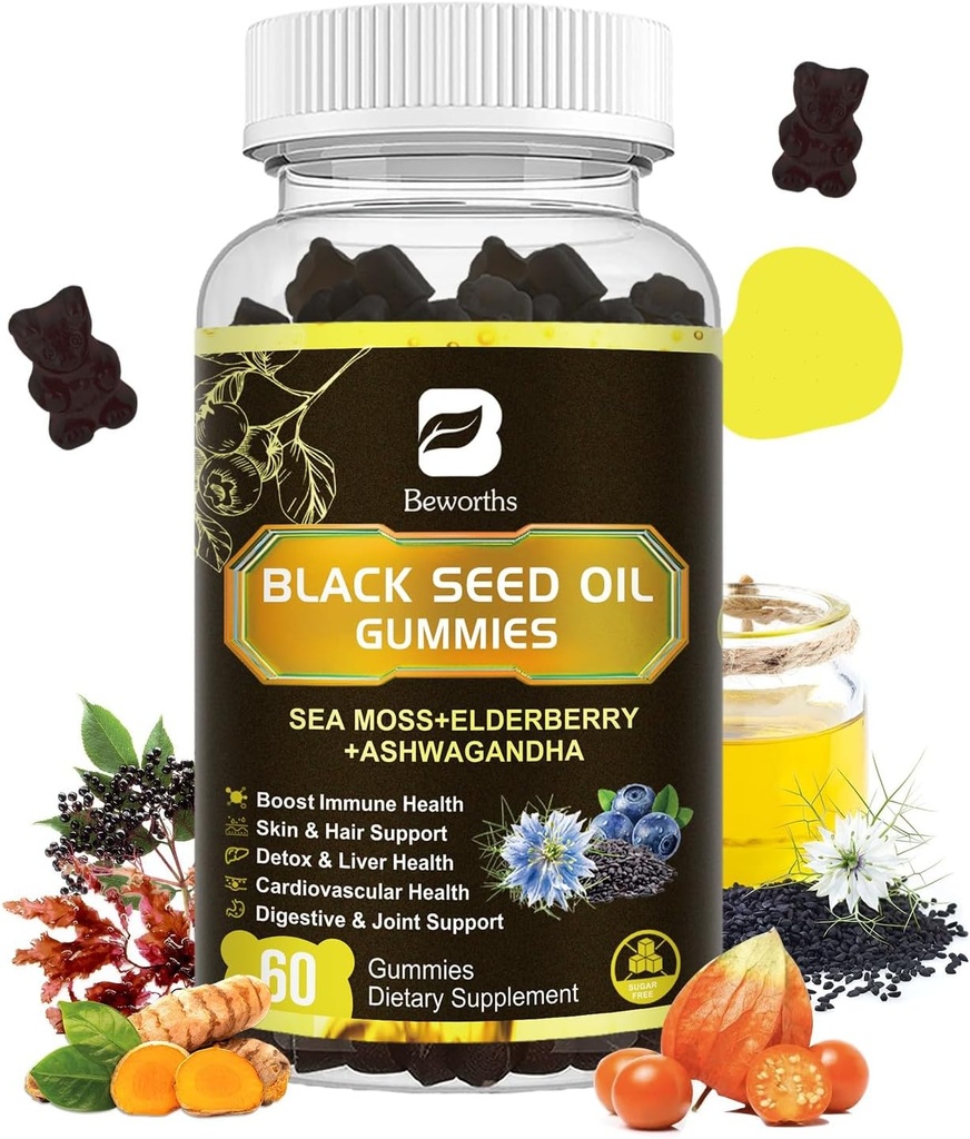 Black Seed Oil & Sea Moss Gummies | Irish Sea Moss Gummy with Ashwagandha, Black Seed Oil, Elderberry, Turmeric, Vitamin D3, C, Zinc - Support Immunity, Joints, Digestion, Hair Growth - 60