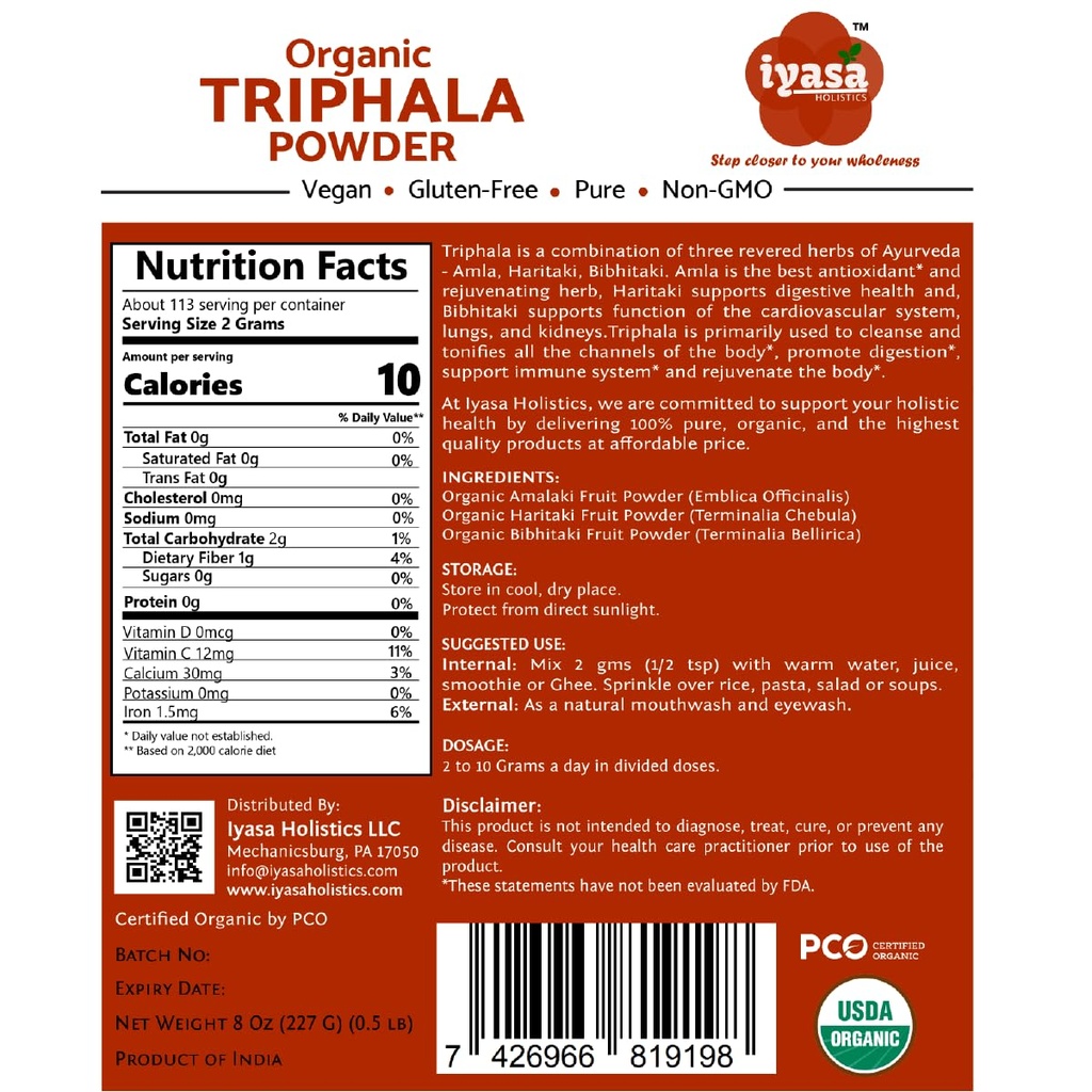 Iyasa Holistics Organic Triphala Powder,Ayurveda Superfood,Natural Body Detox,Bowel Cleanser,Herbal Laxative,8 Ounce 226 Gram