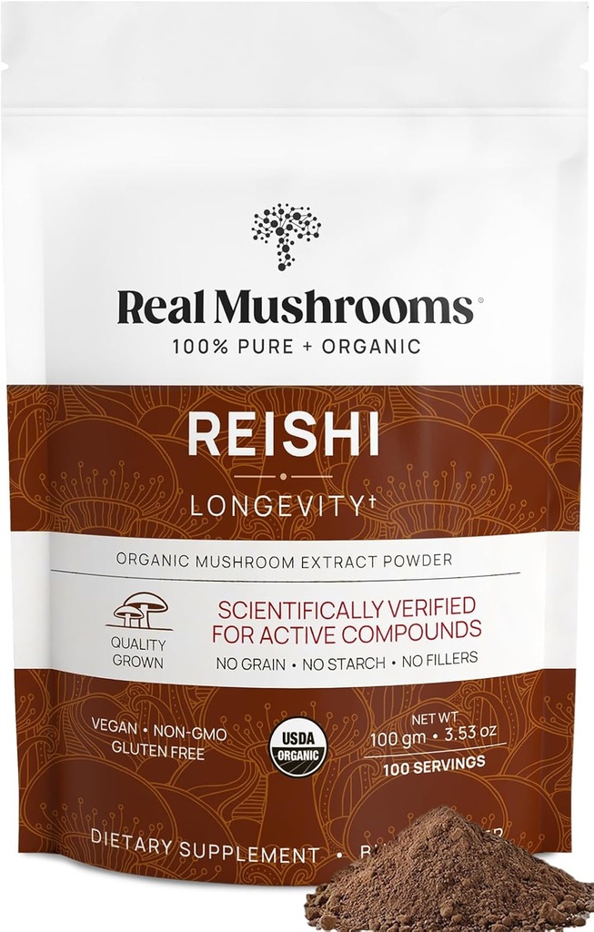 Real Mushrooms Reishi Mushroom Powder - Picked Organic Mushroom Extracts - Red Reishi for Tranquil Daily Wellness with Επαληθευμένο Beta Glucans Vegan, Non-GMO, No Grain Fillers, 100 Servings