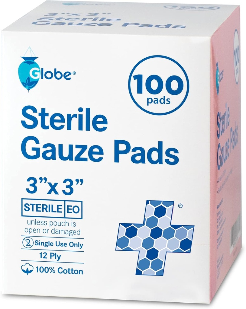 Globe 3'' x 3'' Advanced Sterile Gauze Pads, 100-Pack ατομικά συσκευασμένο - 12-Ply βαμβάκι για το ντύσιμο, υψηλής απορροφητικότητας συγκροτήματα για το σπίτι & χρήση έκτακτης ανάγκης - Ταξίδι & Κιτ πρώτων βοηθειών Απαραίτητο