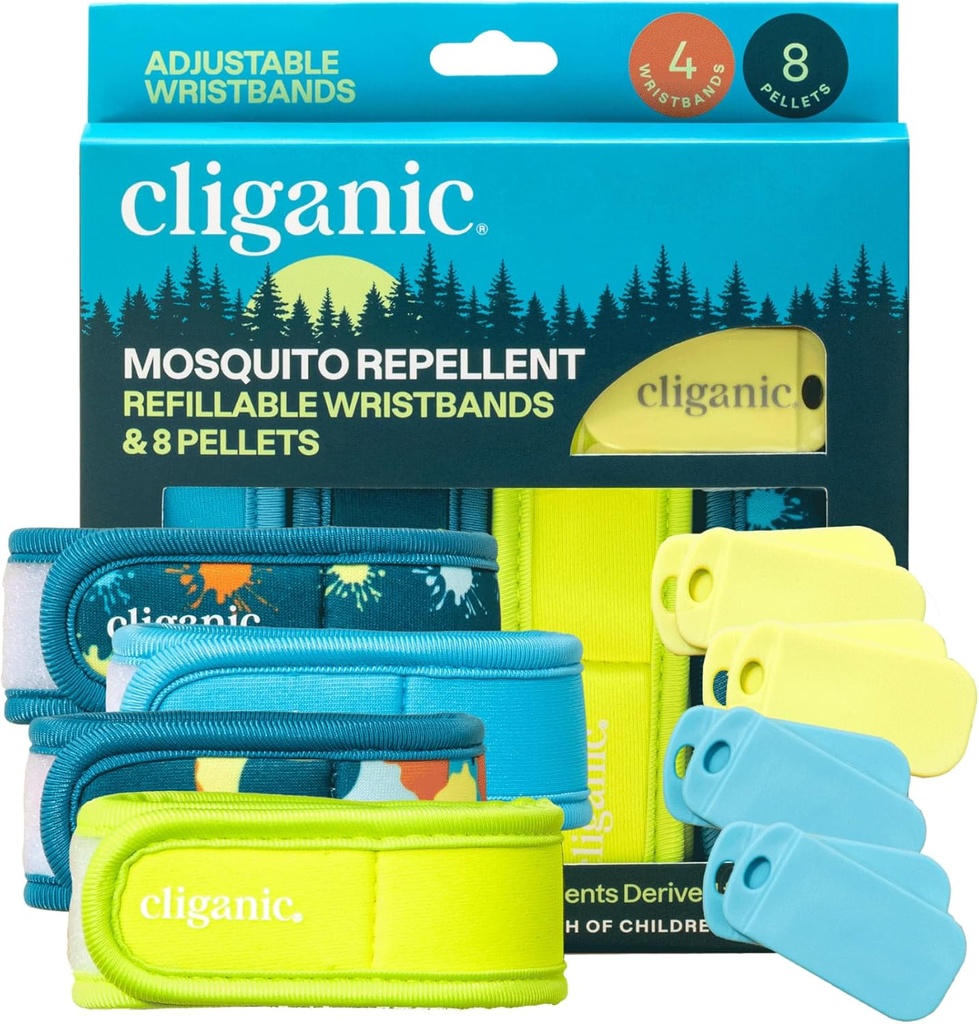 Clignic Mosquito Repellent Pack (4 Wristbands + 8 Refill Pellets) - Ρυθμιζόμενο, Φυσικό DEET-Free, Αιθέριο Έλαιο Εμπλουτισμένο