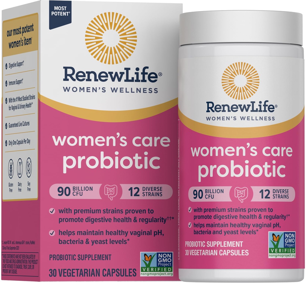 Renew Life Women's Probiotic Capsules, Supports pH Balance for Women, Vaginal, Urinary, Digestive and Immune Health, L. Rhamnosus GG, Dairy, Soy and Gluten-Free, 90 Billion CFU - 30 Ct