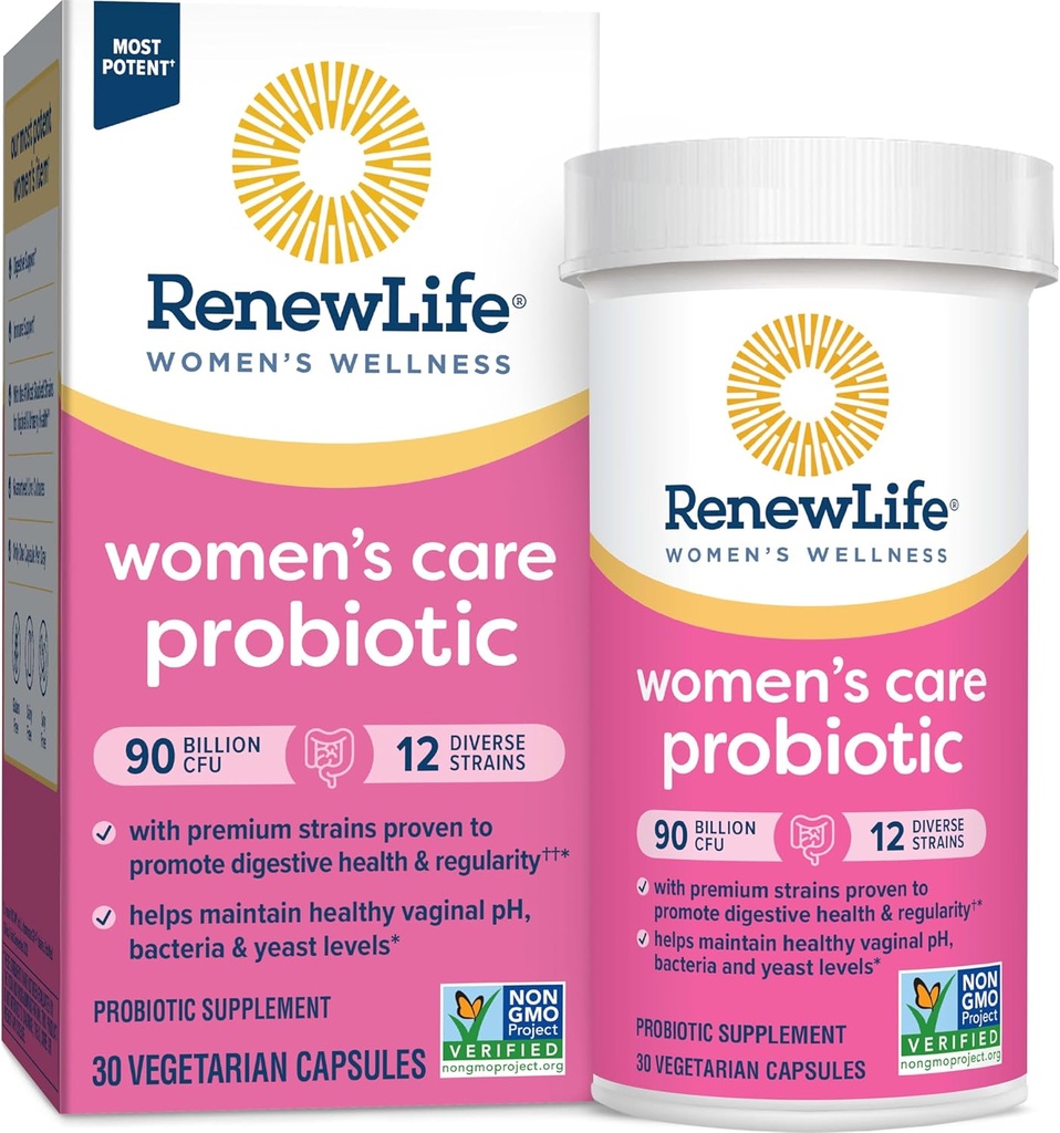 Renew Life Women's Probiotic Capsules, Supports pH Balance for Women, Vaginal, Urinary, Digestive and Immune Health, L. Rhamnosus GG, Dairy, Soy and Gluten-Free, 90 Billion CFU - 30 Ct