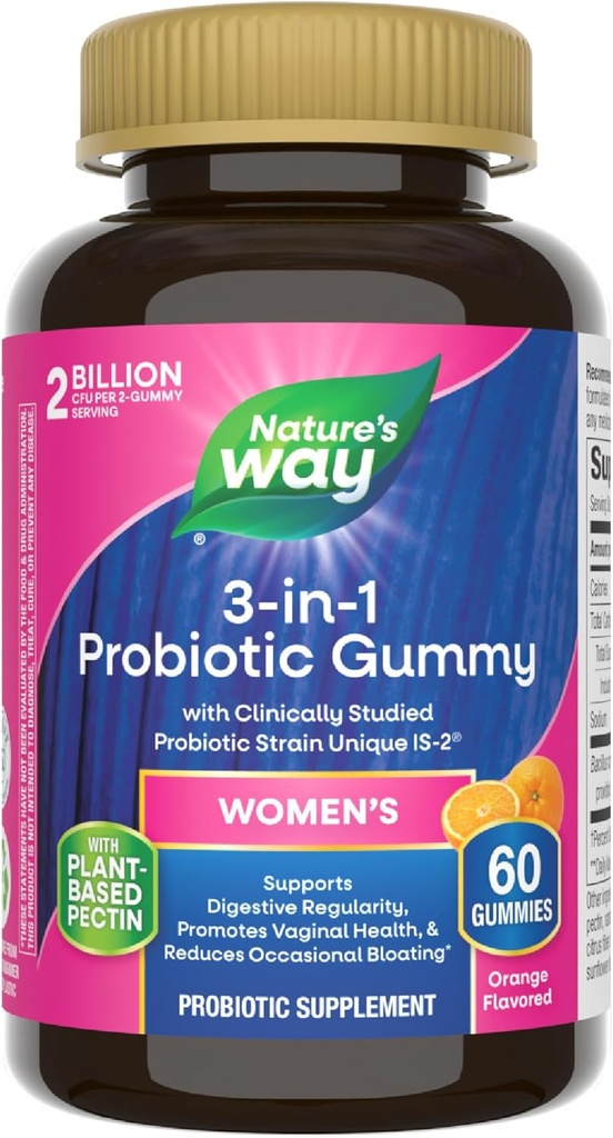 Nature's Way 3-in-1 Γυναικεία Προβιοτικά Gummies, Μειώνει Περιστασιακά Bloating*, Υποστηρίζει Digestive & Κολπική Υγεία*, Κλινικά Σπουδασμένο Προβιοτικό Στρώμα, Χωρίς Γλουτένη, Πορτοκαλί Γεύση, 60 Gummies