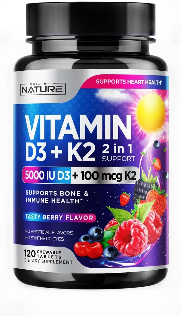 Βιταμίνη D3 K2 – Μασώμενη Βιταμίνη D 5000 IU & K2 MK-7 100 mcg – 2 σε 1 Βιταμίνη D K2 Συμπληρώματα Μασάμες - Ανοσοποιητική, Καρδιά, & Υποστήριξη των Οστών – Μη ΓΤΟ - Νόστιμο Berry Flavor - 120 Μασώμενα δισκία