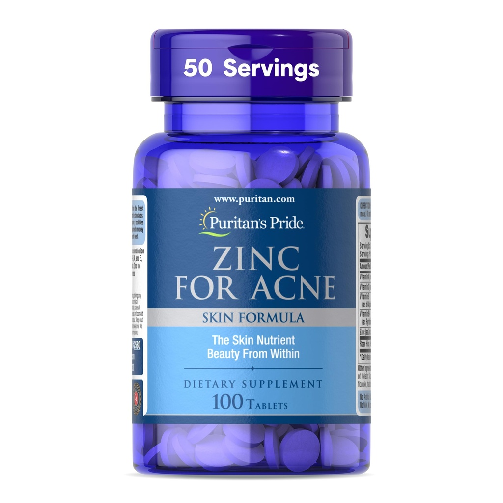 Puritan's Pride Zinc for Acne Skin Formula with Vitamins C, B-6, A, and E for Men and Women, Συμπλήρωμα διατροφής για Clear Healthy Skin, Immune System, Cell Division and Growth Support, 100 Tablets