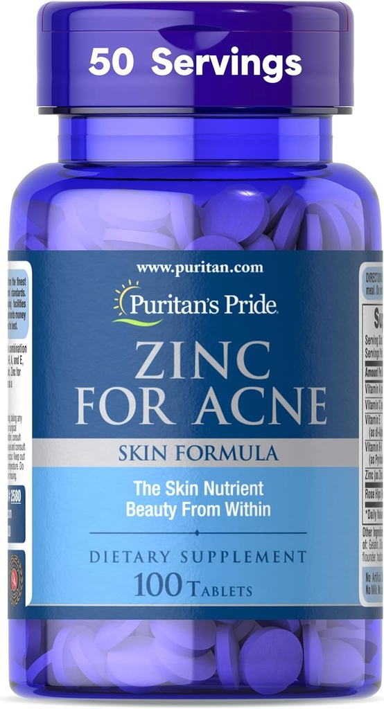 Puritan's Pride Zinc for Acne Skin Formula with Vitamins C, B-6, A, and E for Men and Women, Συμπλήρωμα διατροφής για Clear Healthy Skin, Immune System, Cell Division and Growth Support, 100 Tablets