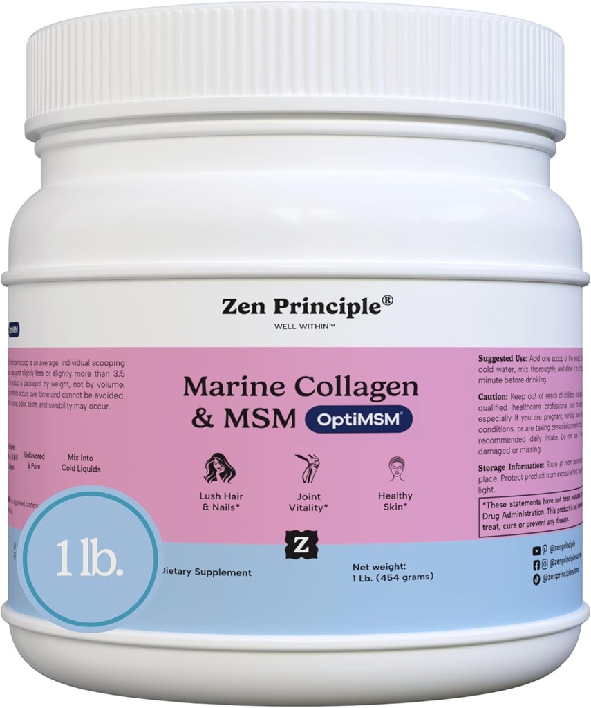 Αρχή Zen Marine Collagen Peptides σκόνη με OptiMSM® συμπλήρωμα. Κλινικά τεστ για την υποστήριξη του δέρματος. Αγριόψαρα, μη ΓΤΟ. Δοχείο 16 oz