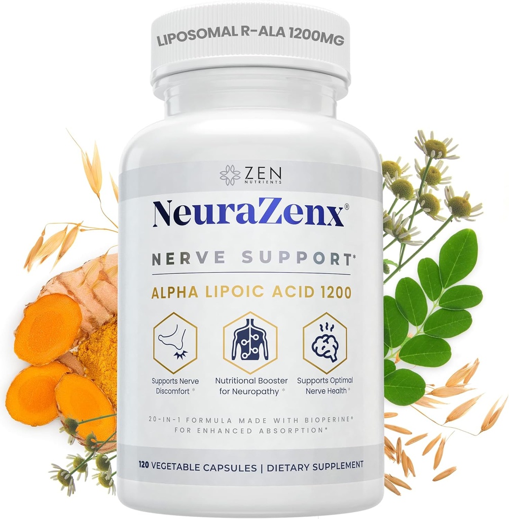 Zen Nutrients NeuraZenX Nerve Support & Peripheral Neuropathy Support Supplement with 1200mg Alpha Lipoic Acid (ALA), Benfotiamine, L-Carnitine, and Turmeric