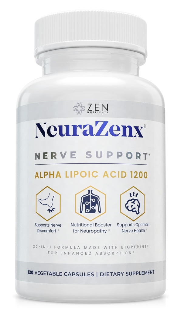 Zen Nutrients NeuraZenX Nerve Support & Peripheral Neuropathy Support Supplement with 1200mg Alpha Lipoic Acid (ALA), Benfotiamine, L-Carnitine, and Turmeric