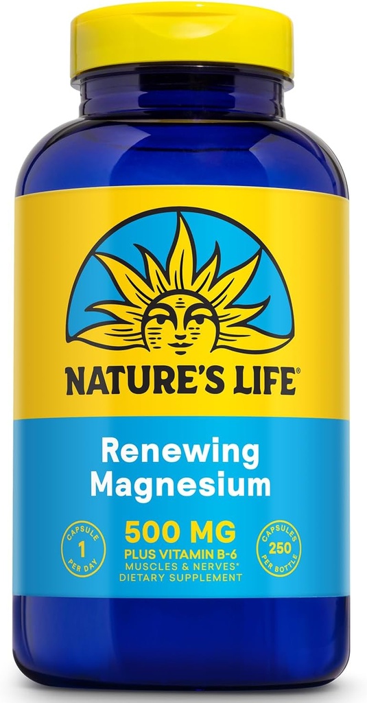 Natures Life Renewing Magnesium 500 mg - Κιτρικό, Μηλεϊνικό, Οξείδιο και Βιταμίνη Β-6 - Υποστήριξη μυών και νεύρων - Εργαστήριο Επαληθευμένο (250 μερίδες, 250 VegCaps)