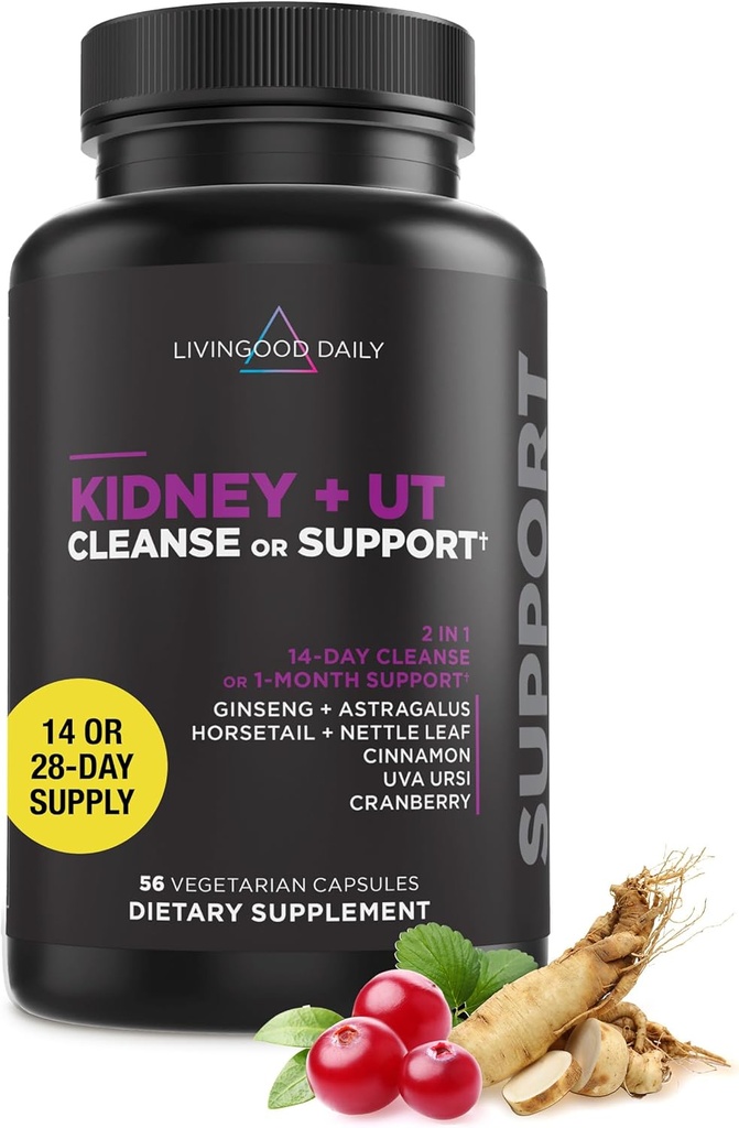 Livingood Daily Kidney Cleanse & Urinary Tract συμπλήρωμα υποστήριξης για γυναίκες & άνδρες, 14-Day Detox ή 28-Day Wellness Routine με Cranberry, Nettle Leaf, Astragalus & Cinnamon, Χωρίς γλουτένη, 56 Κάψουλες