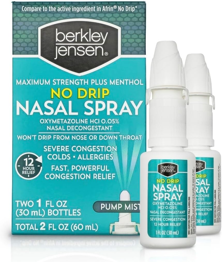 berkley jensen No Drip Severe Congestion Nasal Spray - Maximum Strength Decongestant with Oxymetazoline HCl & Menthol - Pump Mist Applicator, No Steroid, 12 Hour Relief, 1 Fluid Ounce (Pack of 2)