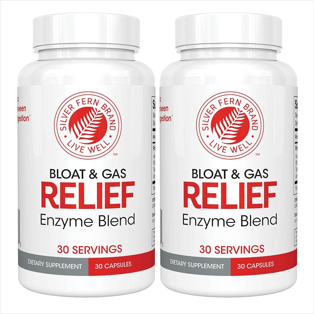Ασημί Fern Bloat & Gas Relief Digestive Enzyme Blend - 2 Μπουκάλια = 60 Σερβιέτες - FODMAP & Bloating Digestion Supplement with Tolerase L, Pectinase & More (2 Μπουκάλια)