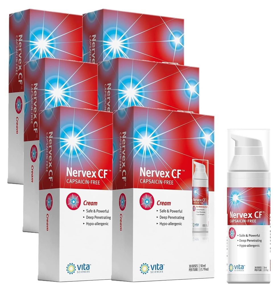 Vita Sciences Nervex CF Neuropathy Relief for Hands and Feet - Powerful Cream Formula for Burning, Tingling, Numbness - with Arnica, B12, B1, B5, B6, E, MSM, Aloe, and Coconut Oil Base - Pack of 6