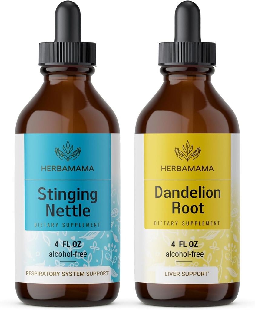 HERBAMA Herbal Liquid Drops Kit - Bundle of Stinging Nattle & Dandelion Root Tincture 4 fl oz - Vegan, Non-GMO, Sugar & Alcohol-Free - 2 Pack