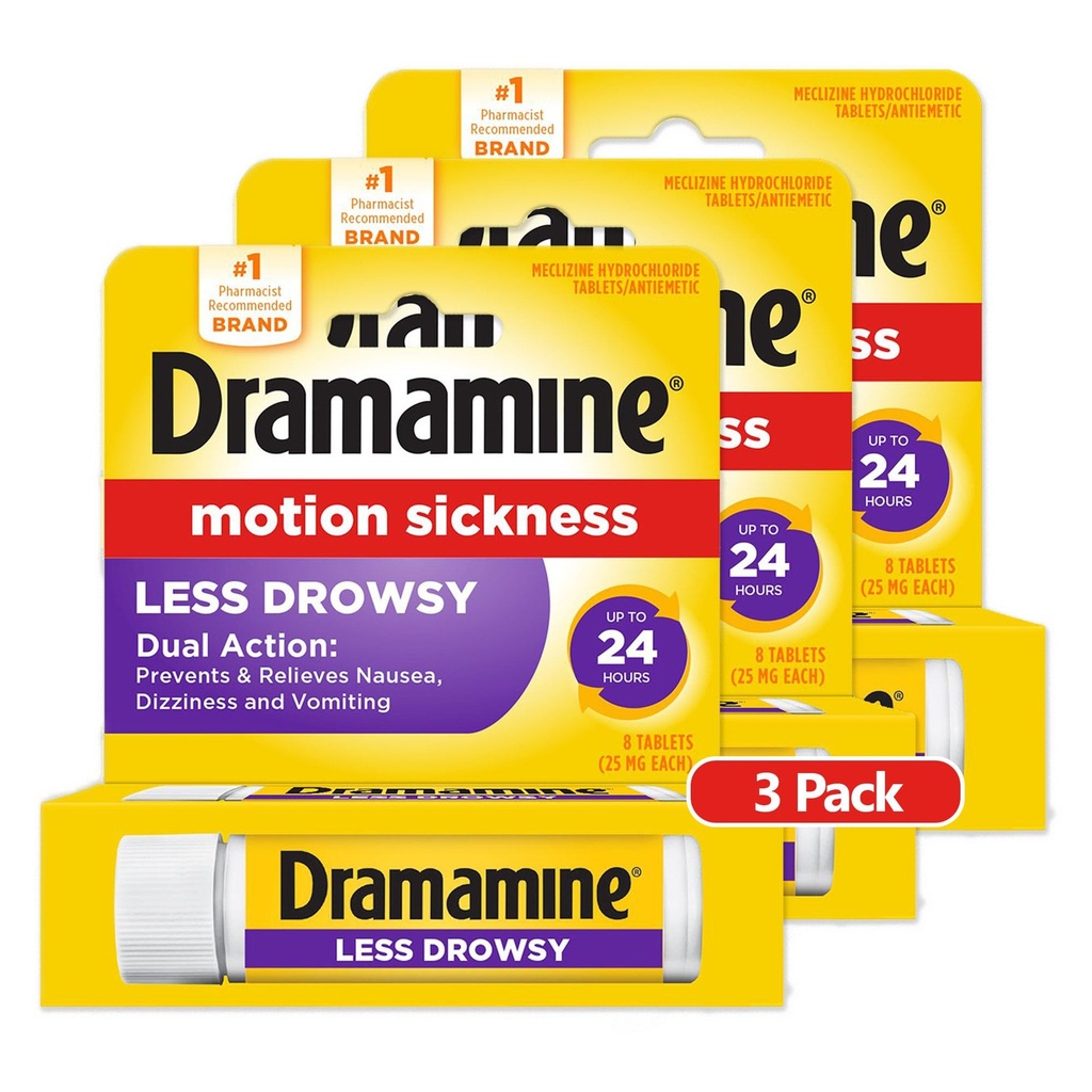 Dramamine όλη την ημέρα λιγότερο υπνηλία, κίνηση ανακούφισης ασθένειας, 8 κόμης, 3 πακέτο