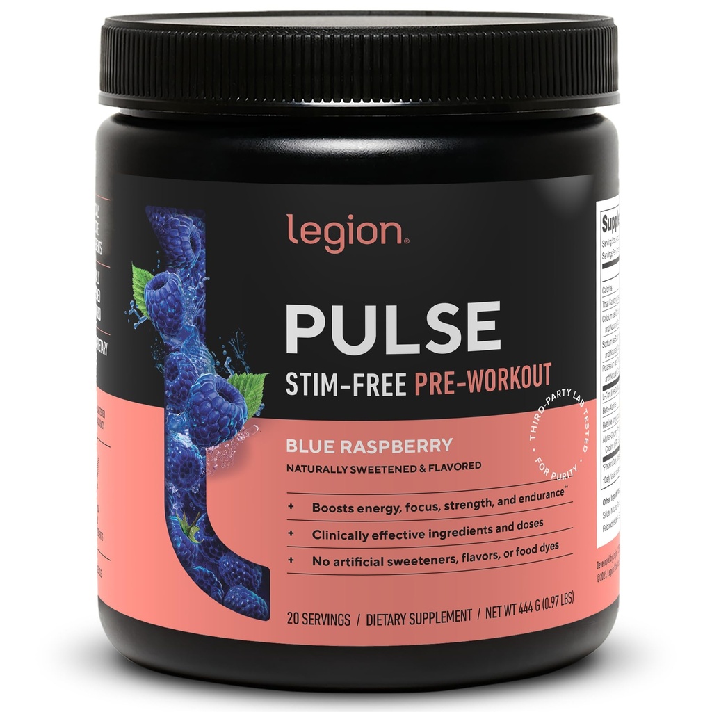 LEGION Pulse Pre workout Supplement - Όλα τα φυσικά Nitric Oxide Preworkout ποτό για την ενίσχυση της ενέργειας, Createine Δωρεάν, φυσικά ζαχαρούχο, Beta Alanine, Citrulline, Alpha GPC (Caffeine Free Blue Razz)