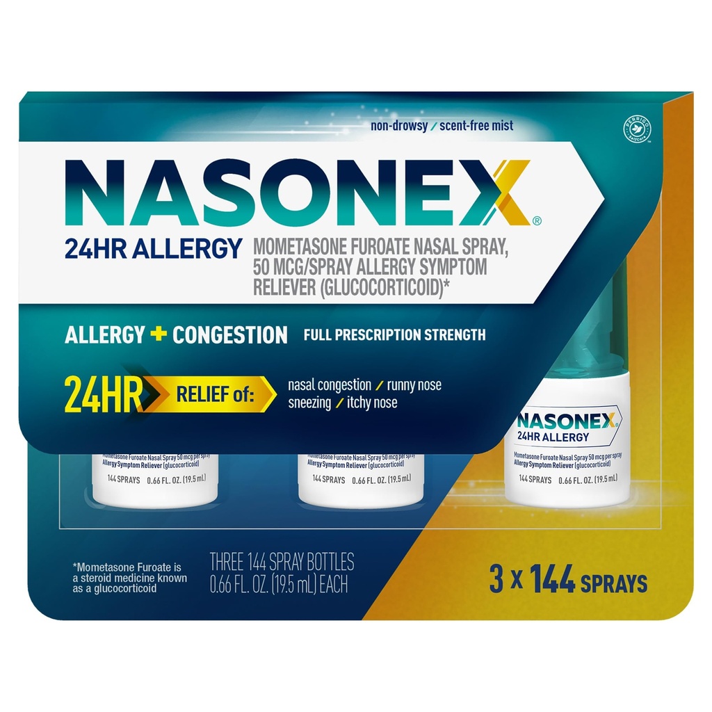 Nasonex 24HR Αλλεργικό Nasινικό σπρέι, μη υπνηλία, άρωμα-free Mist, Αλλεργία συμπτώματα + Nasνική συμφόρηση, Πλήρης δύναμη συνταγής, 120 σπρέι (3 Pack)
