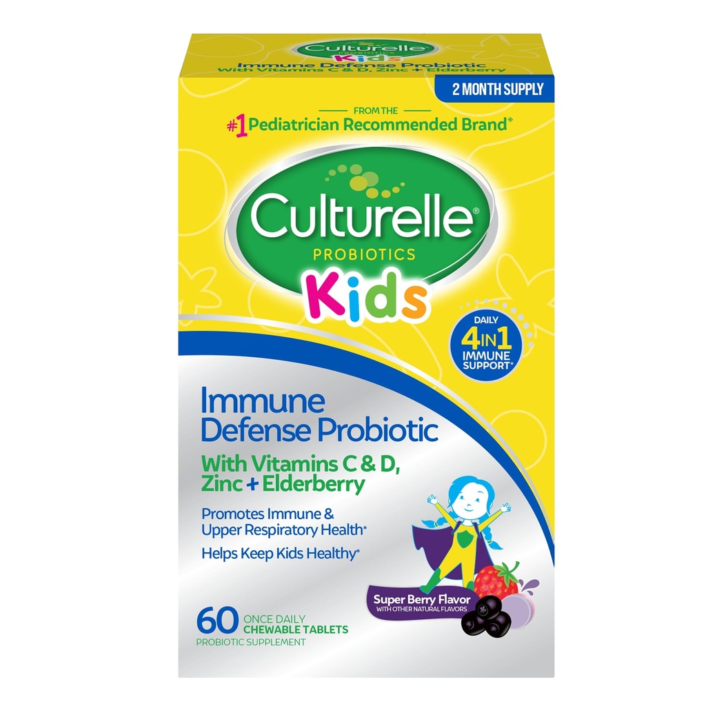 Culturelle Ανοσοποιητική Άμυνα Προβιοτική με Βιταμίνη C, Βιταμίνη D και Ψευδάργυρος + Γήρανθος, Μη ΓΤΟ, 4-σε-1 Ανοσοποιητική Υποστήριξη για Παιδιά Ηλικίες 3+*, Μεικτά Μασώμενα μούρα, 60 Μέτρα
