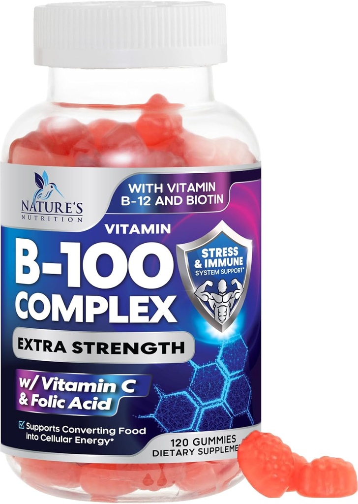 B Complex Supplement Gummies with Vitamin C & Folic Acid, Extra Strength Super Vitamin B Gummy with Niacin, B6, Folic Acid, B12, Biotin, Energy Immune Support Συμπληρώματα - 120 Gummies