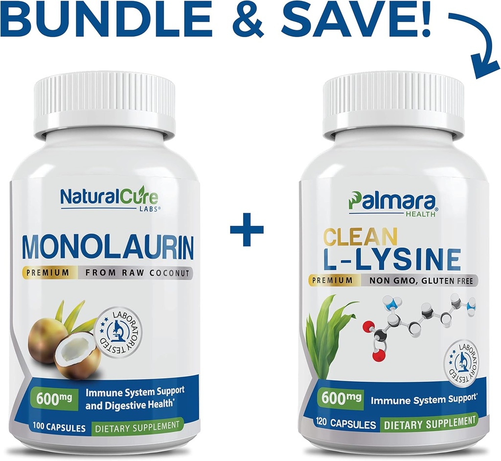 Natural Cure Labs Bundle: Premium Monolaurin 600mg + Clean L-Lysine 600mg