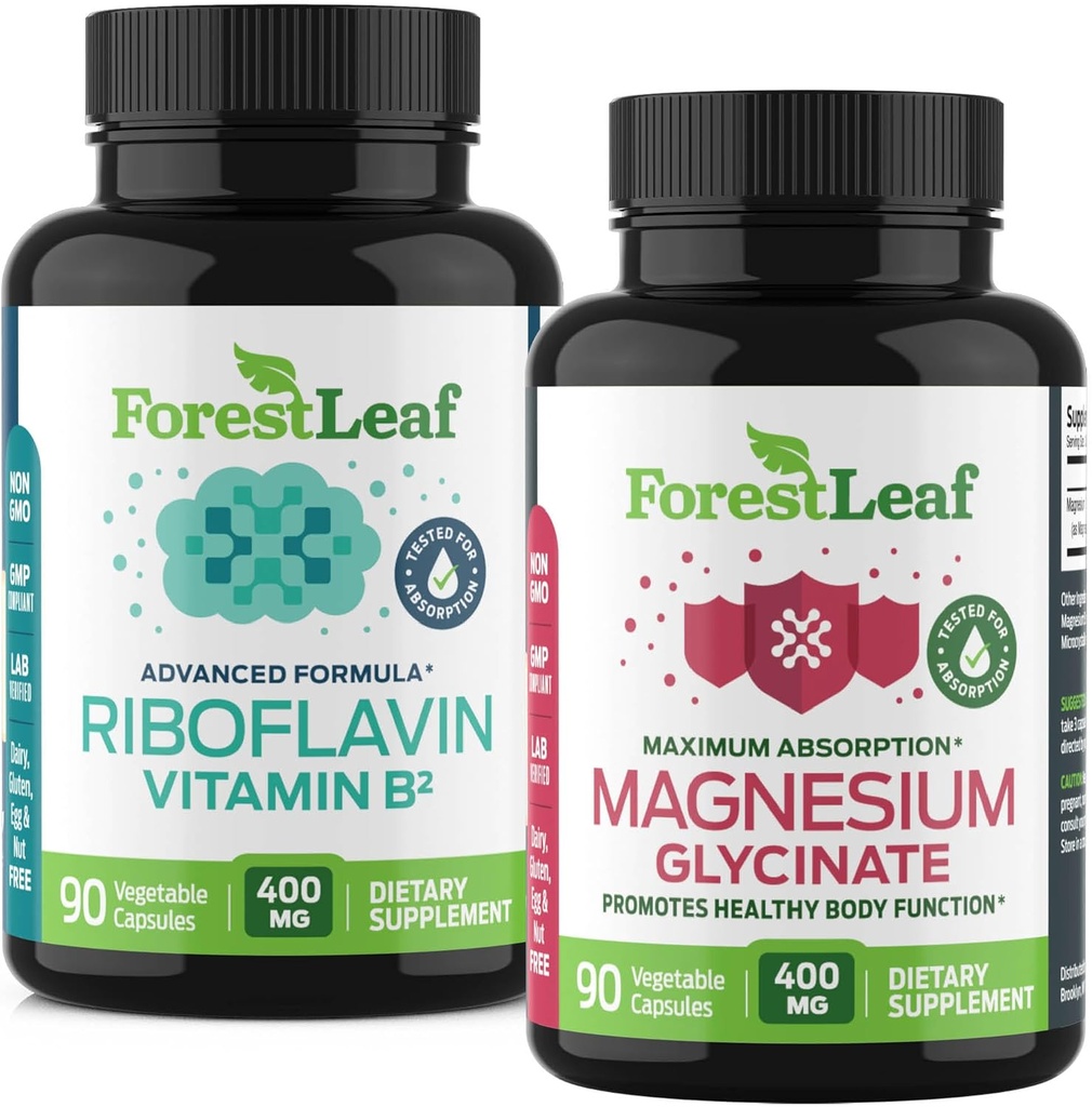 ForestLeaf Riboflavin & Magnesium Ημικρανία συμπλήρωμα - Ριβοφλαβίνη 400mg για ανακούφιση από τον πονοκέφαλο - Ultimate Μαγνήσιο Γλυκινικό δέσιμο με B2 Βιταμίνη 400mg για κάψουλες ανακούφισης από τον πονοκέφαλο Ημικρανία