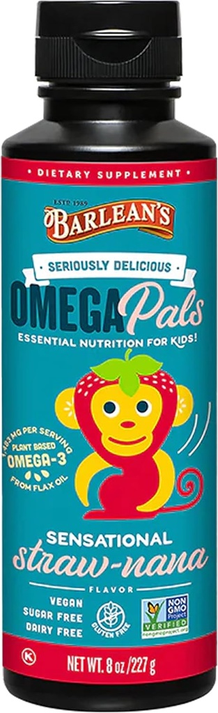Ωμέγα 3 Ωμέγα 3 της Barlean για παιδιά, Yummy Straw-Nana Flavored Children's Liquid Flax Seed Oil Supplement με 1.483 mg ALA, Non-GMO, Vegan Brain and Eye Health, 8 oz