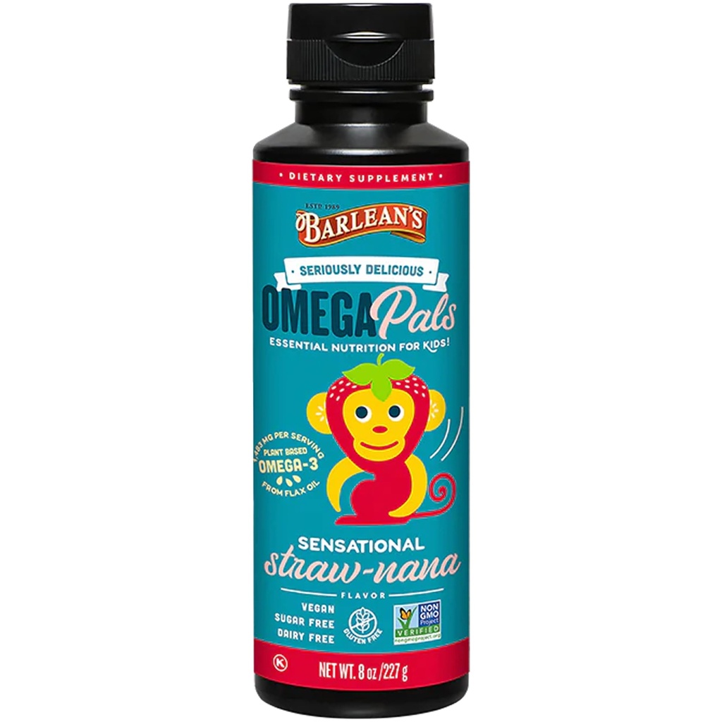 Ωμέγα 3 Ωμέγα 3 της Barlean για παιδιά, Yummy Straw-Nana Flavored Children's Liquid Flax Seed Oil Supplement με 1.483 mg ALA, Non-GMO, Vegan Brain and Eye Health, 8 oz