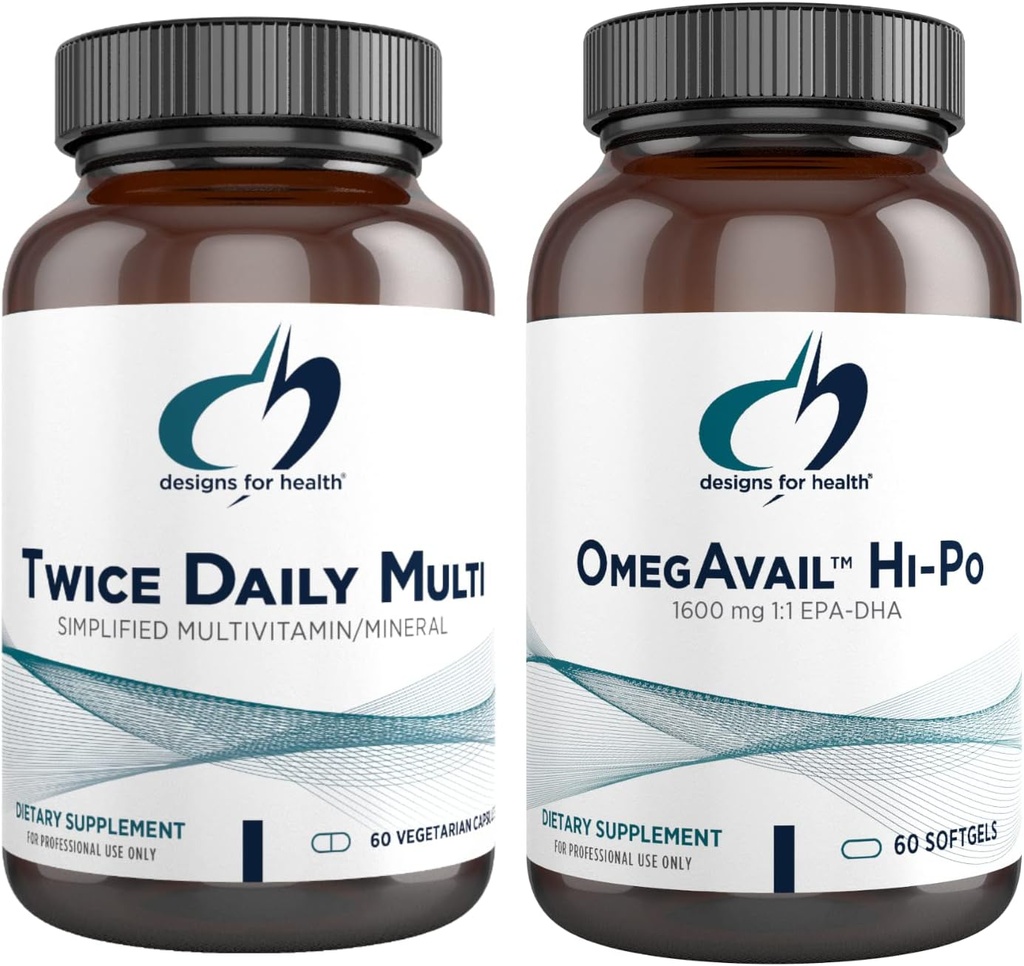 Designs for Health Fish Oil + Multivitamin Bundle - OmegAvail Hi-Po (60 Softgels) EPA DHA TG Omega-3 με δύο φορές ημερησίως Multi (60 κάψουλες) Premium Multivitamin/mineral με ενεργές βιταμίνες Β