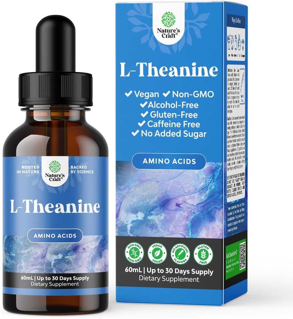 Natures Craft Υψηλή Απορρόφηση L-Theanine Liquid Drops - Nootropic Focus Supplement with L Theanine 200mg Per Serving and Chamomile Extract - Συμπλήρωμα για ενήλικες και παιδιά Relaxation and Focus - 2oz