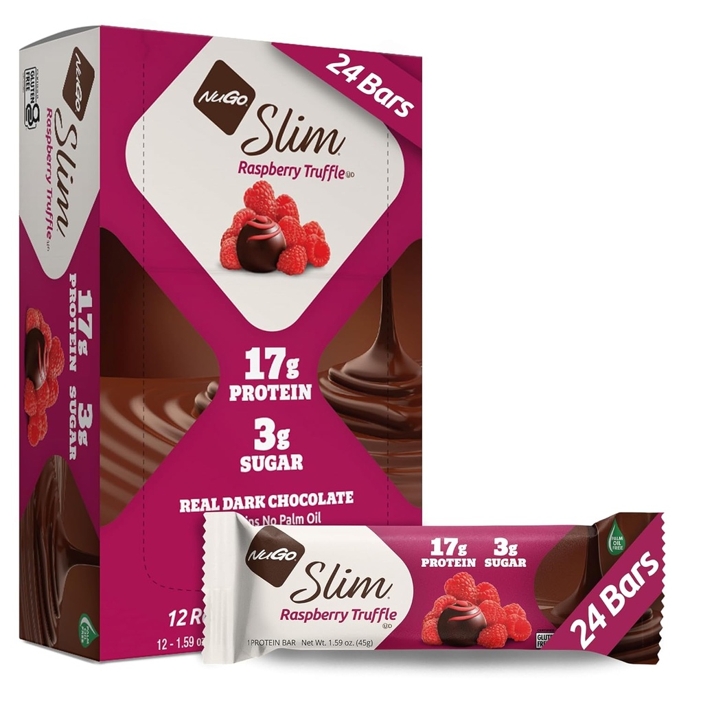 NuGo Slim Σκούρα σοκολάτα Βατόμουρο Truffle, 17g πρωτεΐνη, 2g ζάχαρη, 7g ίνες, χαμηλό καθαρό υδατάνθρακες, Κετό φιλικό, χωρίς γλουτένη, 24 κόμης