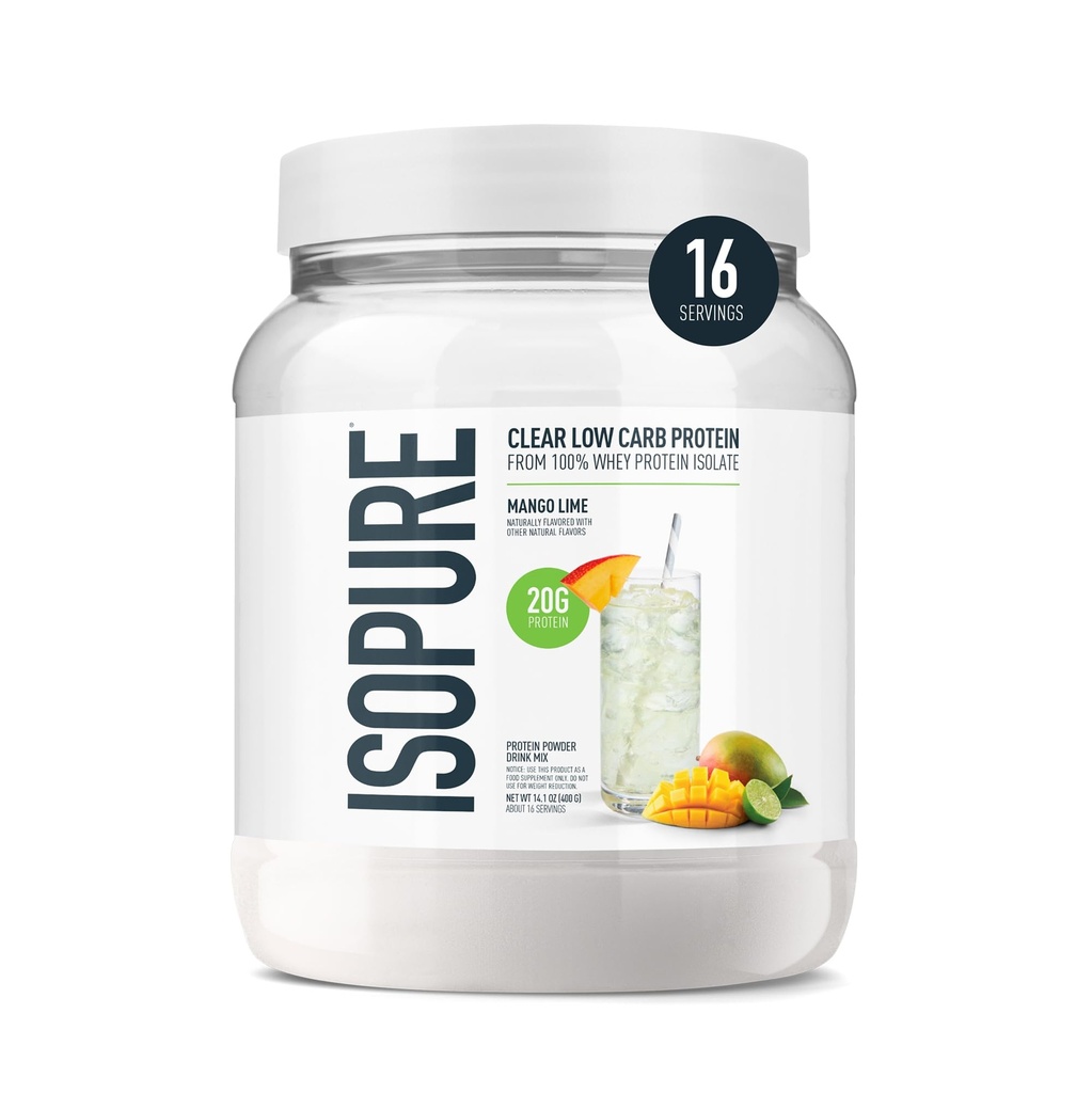 Isopure Clear Whey Isolate Protein Powder, Lactose Free, Gluten Free, φυσικά αρωματισμένο, Mango Lime, 20g πρωτεΐνη ανά υπηρεσία, 14,1 Oz, 16 υπηρεσίες (Packaging May Vary)