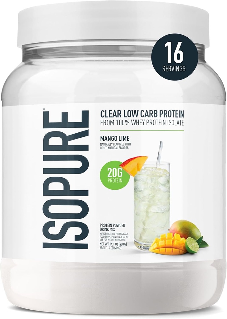 Isopure Clear Whey Isolate Protein Powder, Lactose Free, Gluten Free, φυσικά αρωματισμένο, Mango Lime, 20g πρωτεΐνη ανά υπηρεσία, 14,1 Oz, 16 υπηρεσίες (Packaging May Vary)