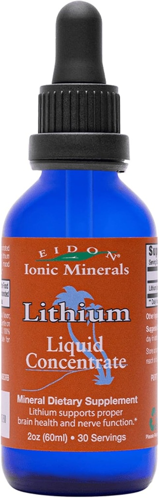 Eidon Ionic Minerals Liquid Lithium - Lithium Chloride Drops Supplement, Minerals Drops for Water, Promote Brain Health, Support Cognition, Assist in Vitamin B12 and Folate Transport, 2 oz.
