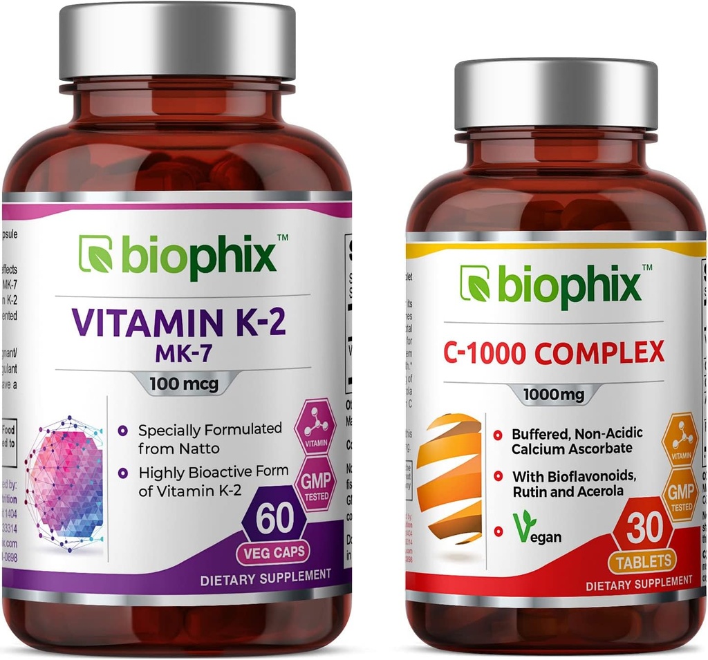 biophix Βιταμίνη K2 MK-7-100 mcg 60 - Δωρεάν Βιταμίνη C- 1000 30 δισκία - Υποστηρίζει Ισχυρά Οστά Ανοσοποιητική Υγεία
