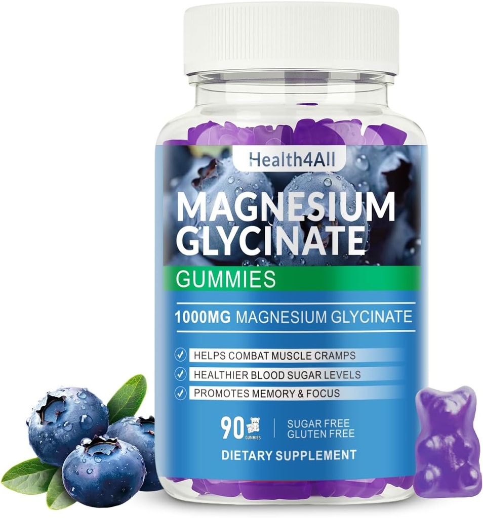 Μαγνήσιο Γλυκινικό Gummies 1000mg, Υψηλής Απορρόφησης Ζάχαρη Χωρίς Μαγνήσιο Κάλιο συμπλήρωμα για χαλάρωση, ανακούφιση από το στρες και υποστήριξη ύπνου για ενήλικες & παιδιά (Blueberry)