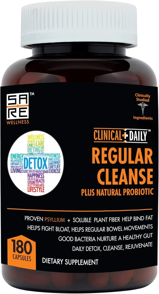 Clinical Daily Regular Cleanse Plus Natural Probiotic - Colon Cleanse & Gut Detox Supplement - Βοηθάει με την ενέργεια και τη δυσκοιλιότητα Relief - Herbal Dietary Fiber Psyllium Husk Capses - 180 Count