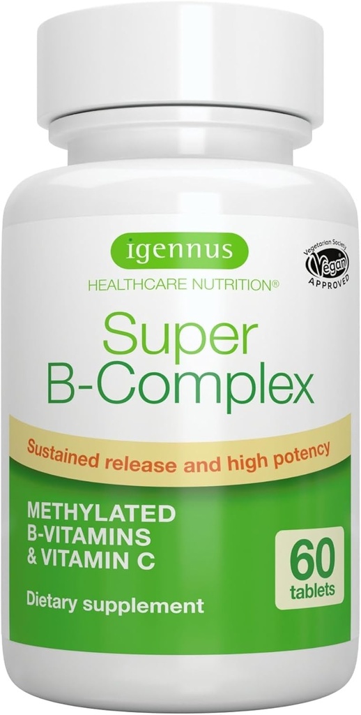 Igennus Super B-Complex μεθυλιωμένες βιταμίνες Β, All Day Nutrient Delivery, Clean Label, MTHFR συμπλήρωμα με μεθυλοφολικό & B12 μεθυλοκοβαλαμίνη, Vegan, Εργαστήριο Επαληθευμένο, 60 μικρά δισκία